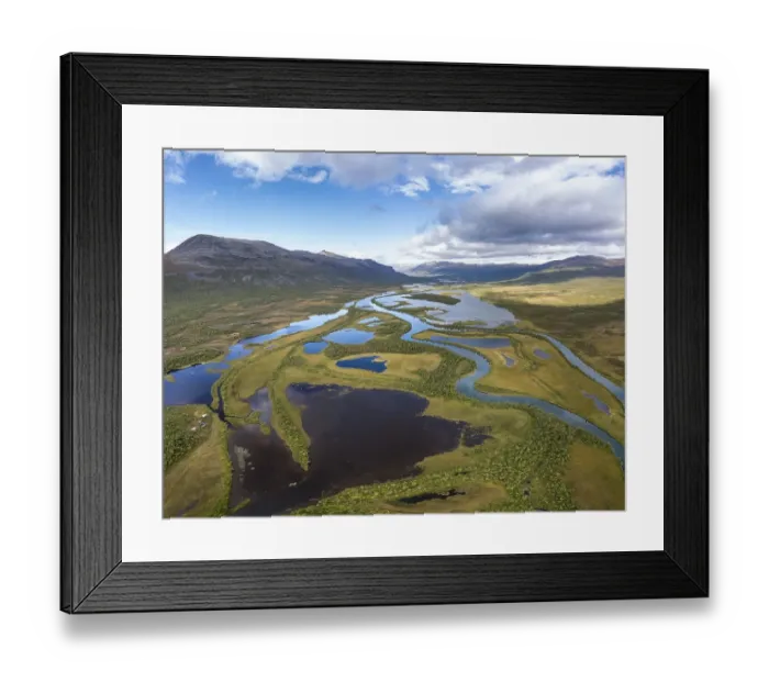 Framed Print : Landscape with river, lakes and mountains