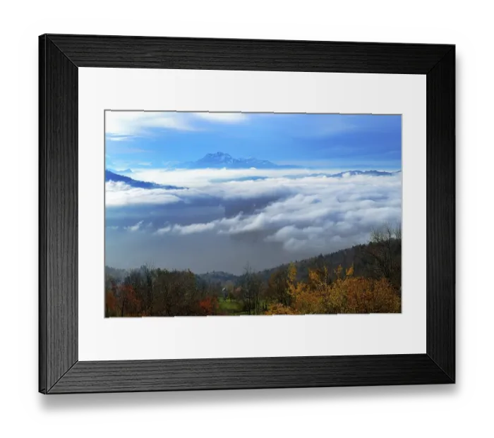 Framed Print : Mount Pilatus above sea of fog with autumn landscape and Lake Lucerne