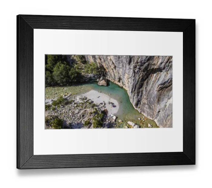 Framed Print : Aerial drone view of small beach on turquoise river of Valbona valley