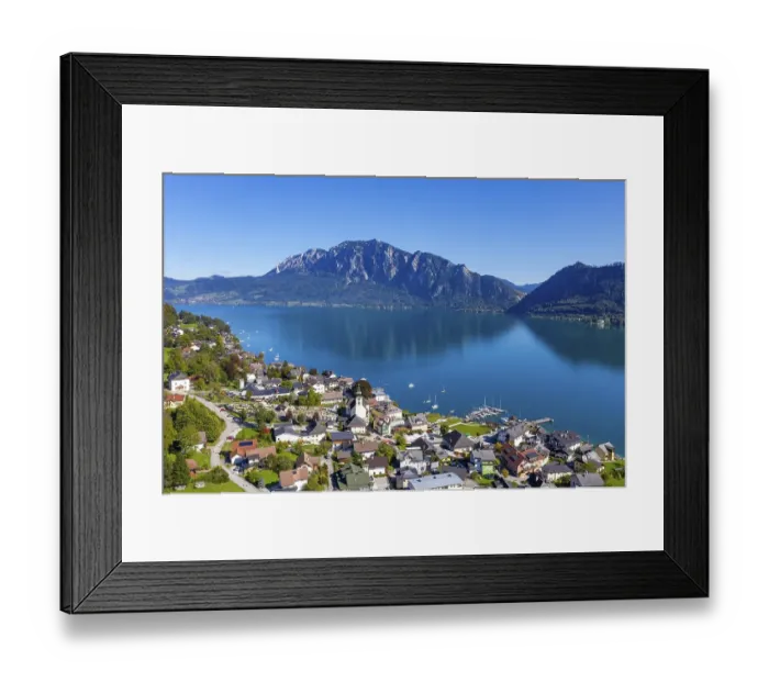 Framed Print : Drone recording, Unterach am Attersee with Hoellengebirge