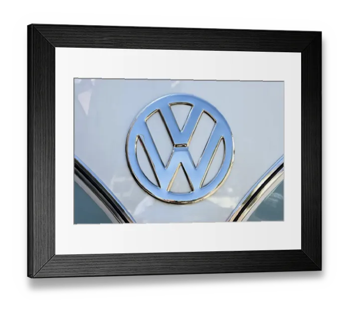 Framed Print : Chrome VW logo on the front of a Volkswagen Type 2 Transporter