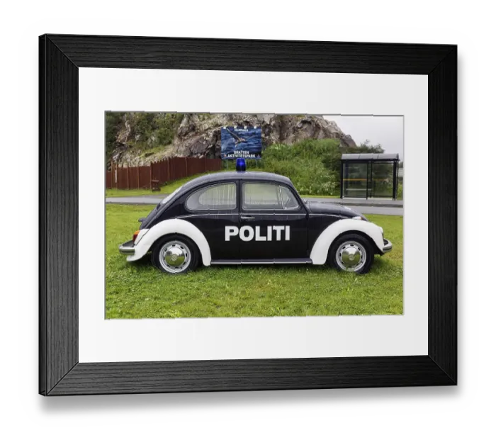 Framed Print : Black and white police patrol car VW Beetle