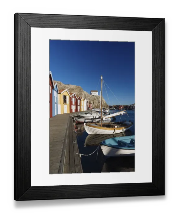 Framed Print : Boats and colourful boathouses in the harbour of Smoegen Framed Print : Boats and colourful boathouses in the harbour of Smoegen