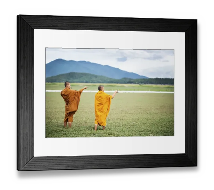 Framed Print : Two Buddhist monks in the dry lake bed at Doi Tao