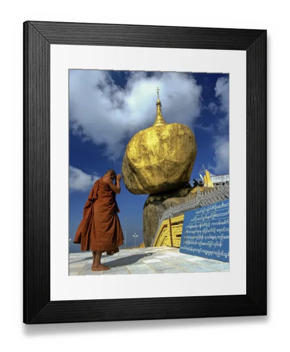 Framed Print : Buddhist Monk praying in front of the Golden Rock or Kyaiktiyo Pagoda Framed Print : Buddhist Monk praying in front of the Golden Rock or Kyaiktiyo Pagoda