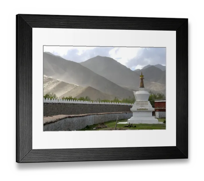 Framed Print : White choerten at wall of Samye Monastery with mountains Tibet China