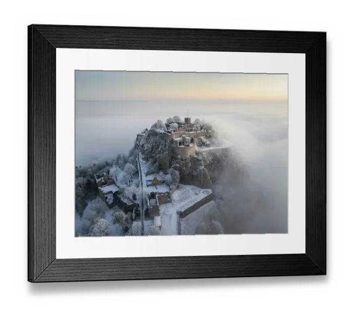 Framed Print : Aerial view of the Hegau volcano Hohentwiel with Germany's largest fortress ruins on a cold Framed Print : Aerial view of the Hegau volcano Hohentwiel with Germany's largest fortress ruins on a cold
