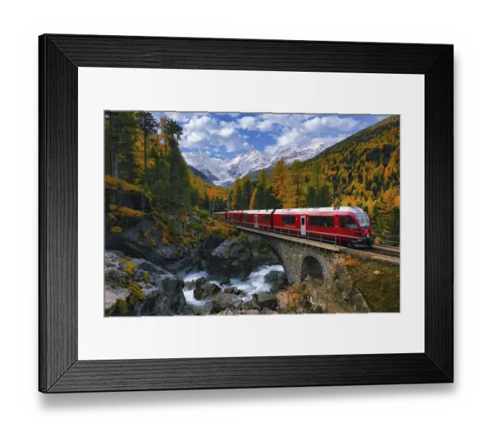 Framed Print : Rhaetian Railway RhB crossing a mountain stream over a stone bridge