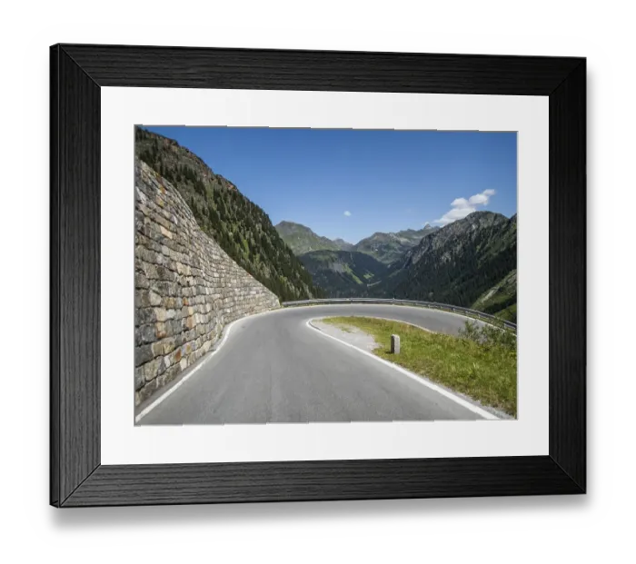 Framed Print : Tight bend, Alpine peaks behind Framed Print : Tight bend, Alpine peaks behind
