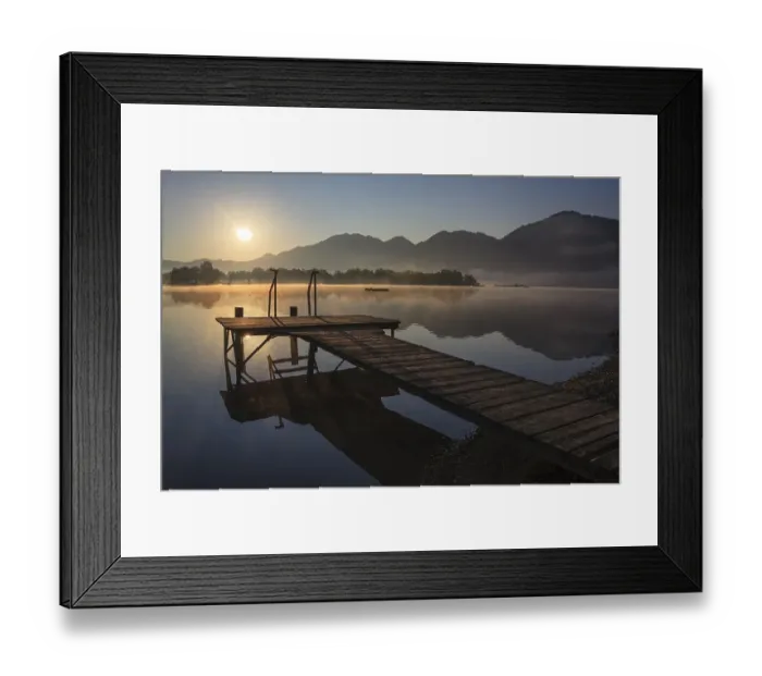 Framed Print : Footbridge on lake in front of mountains Framed Print : Footbridge on lake in front of mountains
