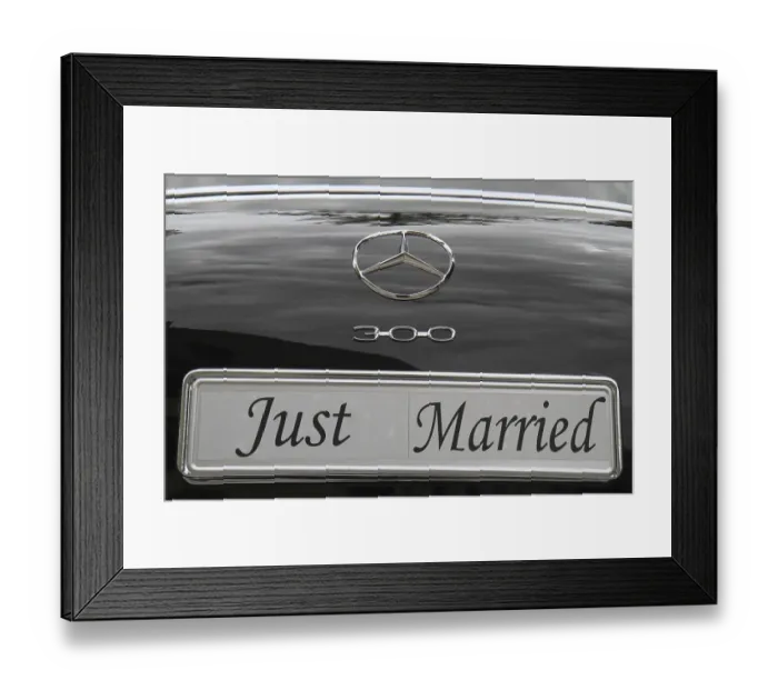 Framed Print : Just Married licence plate on the back of a vintage black Mercedes Benz 300 car'Just Married licence plate