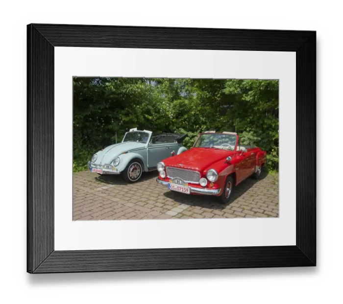 Framed Print : Two classic convertibles, one red and one light blue Framed Print : Two classic convertibles, one red and one light blue