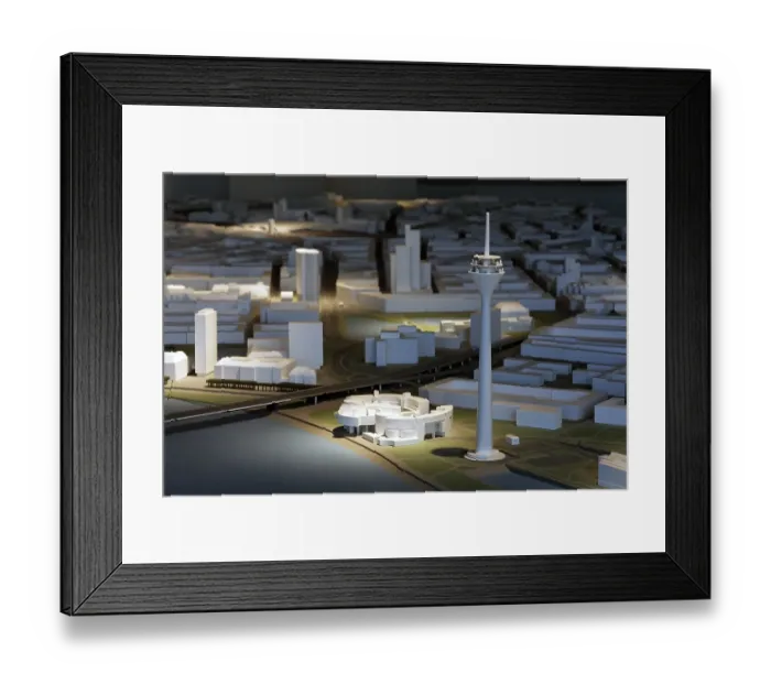 Framed Print : City model of Duesseldorf, parliament building and the Rhine Tower
