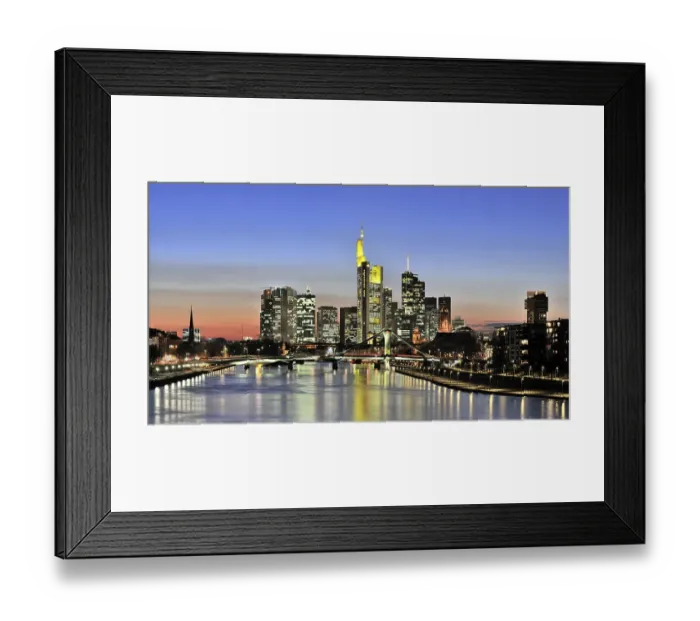 Framed Print : Frankfurt skyline seen from the east with Floesserbruecke bridge Framed Print : Frankfurt skyline seen from the east with Floesserbruecke bridge