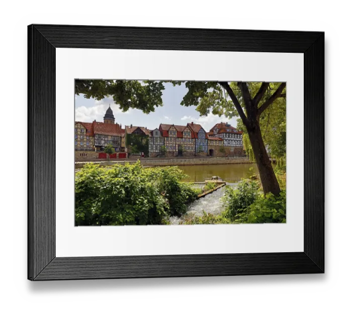 Framed Print : Town view with half-timbered houses and the river Fulda Framed Print : Town view with half-timbered houses and the river Fulda