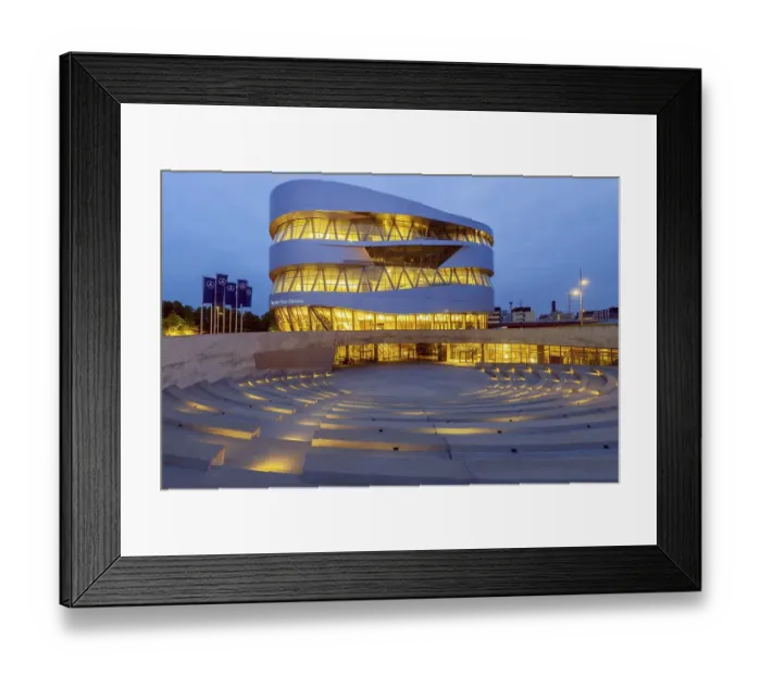 Framed Print : Mercedes-Benz Museum, evening, illuminated