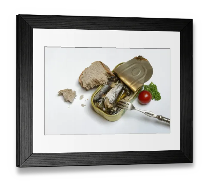 Framed Print : Sardines in opened tin with fork Framed Print : Sardines in opened tin with fork