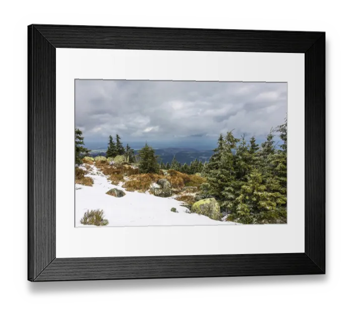 Framed Print : Landscape with snow on the Brocken in the Harz Mountains