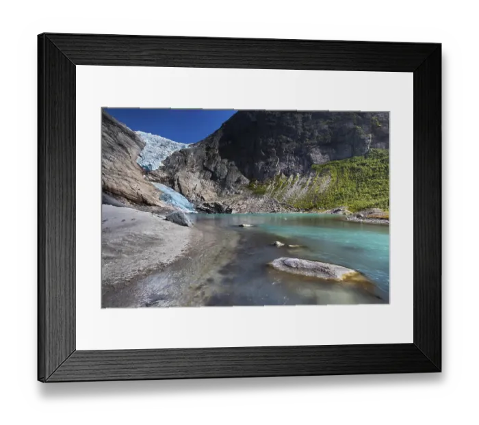 Framed Print : Briksdalsbreen Glacier tongue with a glacial lake