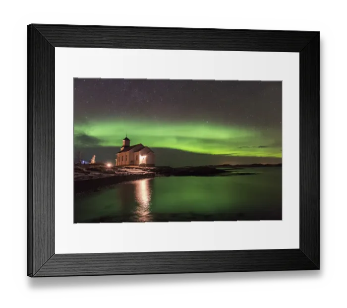 Framed Print : Church at the coast with northern lights