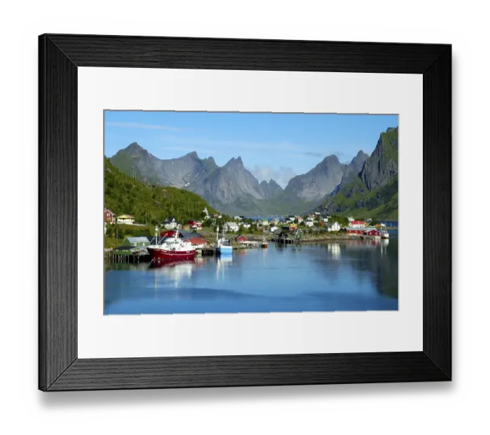 Framed Print : Mountains ships and houses reflect in the fjord Reine Moskenesoya Lofoten Norway