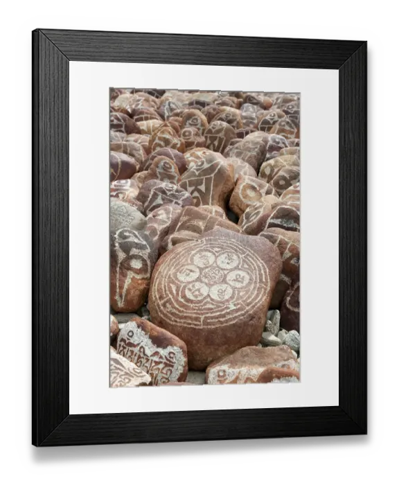 Framed Print : Tibetan Buddhism, Mani stones with Tibetan script