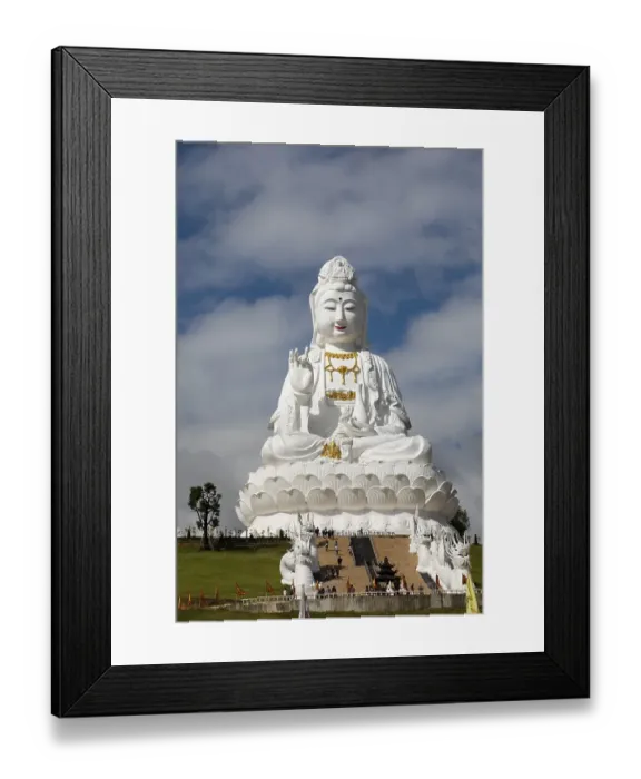 Framed Print : Dragon staircase in front of huge Guan Yin statue at Wat Huay Pla Kang Temple