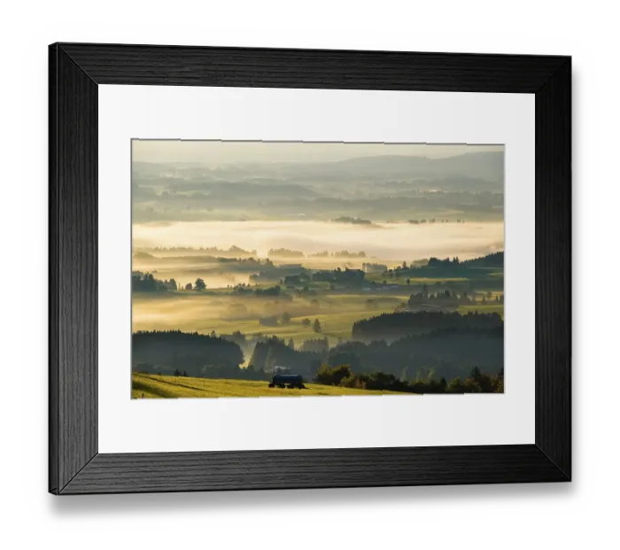 Framed Print : Hilly landscape with morning fog