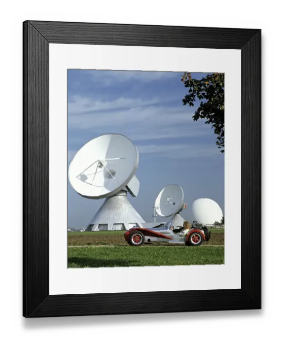 Framed Print : Lotus Seven built in 1965, antennas of the ground communication station Raisting Framed Print : Lotus Seven built in 1965, antennas of the ground communication station Raisting
