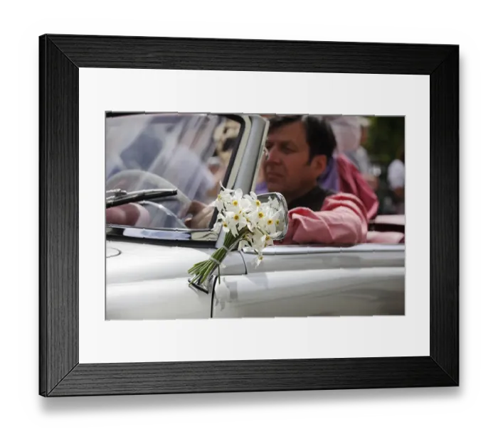 Framed Print : Classic car decorated with a bunch of daffodils Framed Print : Classic car decorated with a bunch of daffodils