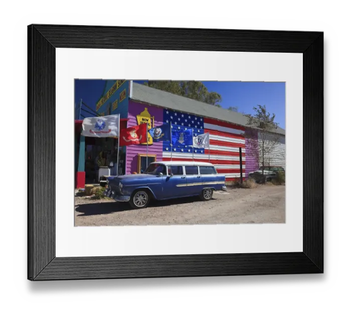 Framed Print : Souvenir shop and vintage car on the historic Route 66 Framed Print : Souvenir shop and vintage car on the historic Route 66