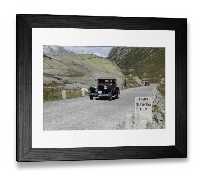 Framed Print : Historic section of cobblestone pavement on the old Gotthard pass route with milestone to Hospental and Oldtimer