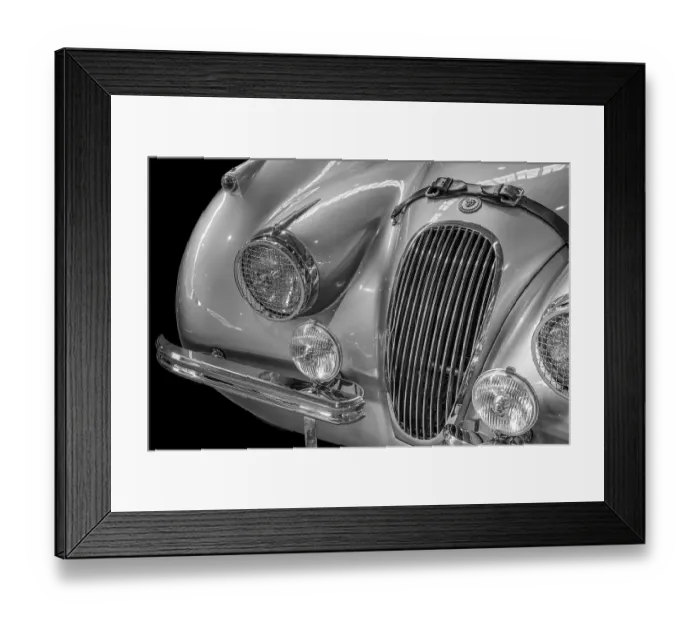 Framed Print : Oldtimer detail, Jaguar XK 120, in black and white
