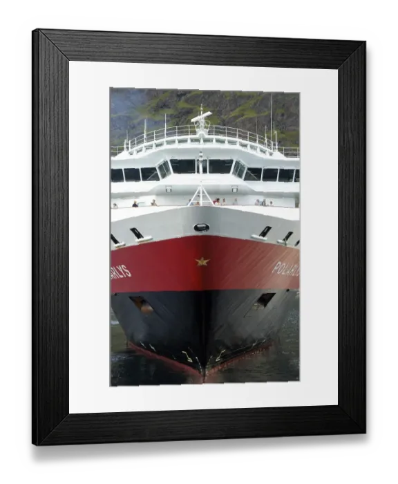 Framed Print : Bow of Hurtigruten ferry Polarlys in the port of Stamsund Lofoten Norway