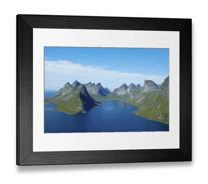 Framed Print : Rough mountains with fjord Kjerkfjorden Moskenesoya Lofoten Norway Framed Print : Rough mountains with fjord Kjerkfjorden Moskenesoya Lofoten Norway