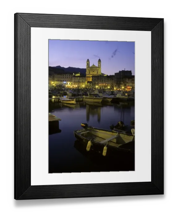 Framed Print : Old marina at twilight and St. John the Baptist Church (back)