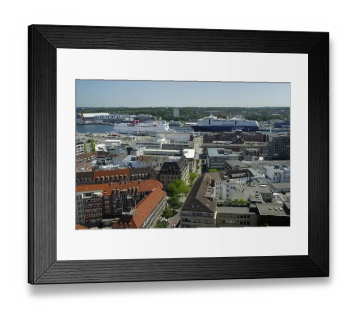 Framed Print : View over the city of Kiel towards the inner fjord with the ferries of the Stena Line for Swedish connections