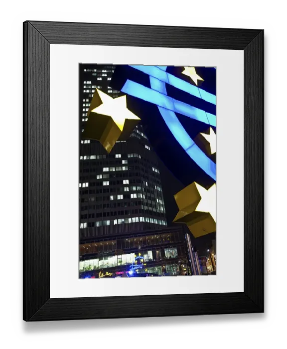 Framed Print : Euro sculpture at night, in front of the European Central Bank and Opera House