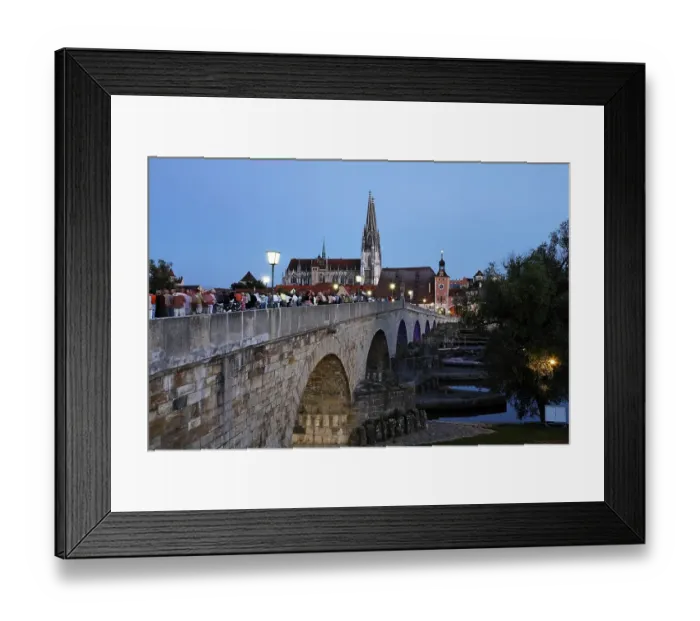 Framed Print : Old Stone Bridge and cathedral St Peter in Regensburg Bavaria Germany