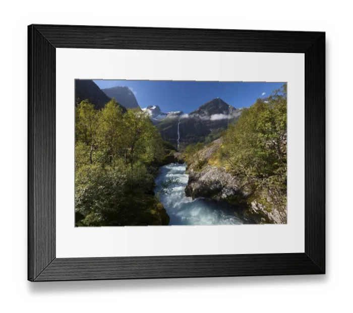 Framed Print : Briksdalselva River with a view towards the Volefossen Waterfall