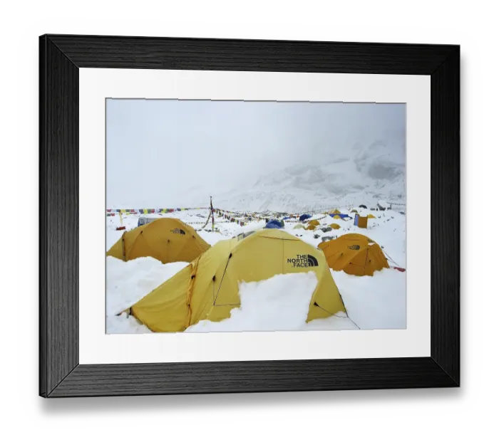 Framed Print : Tibetan, buddhistic prayer flags and now covered tents in the Mount Everest Base Camp Framed Print : Tibetan, buddhistic prayer flags and now covered tents in the Mount Everest Base Camp