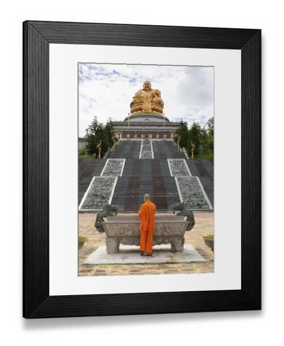 Framed Print : Happy Buddha, monk at an altar Framed Print : Happy Buddha, monk at an altar
