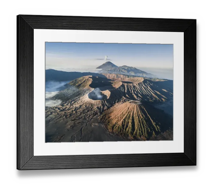 Framed Print : Aerial view, volcanic landscape with several volcanic craters and ash cloud