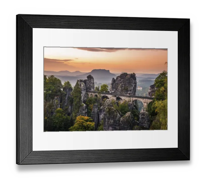 Framed Print : View of Bastei bridge, Bastei at sunrise