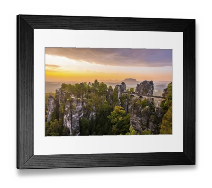 Framed Print : View of Bastei bridge, Bastei at sunrise