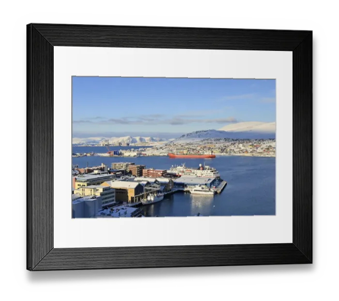 Framed Print : Wide bay with city and Hurtigruten dock Framed Print : Wide bay with city and Hurtigruten dock