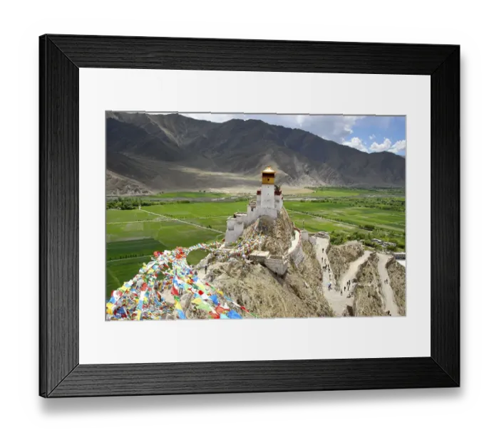 Framed Print : Colourful prayer flags wave on a mountain at fortress Yumbulagang in Yarlung valley near Tsetang Tibet China Framed Print : Colourful prayer flags wave on a mountain at fortress Yumbulagang in Yarlung valley near Tsetang Tibet China