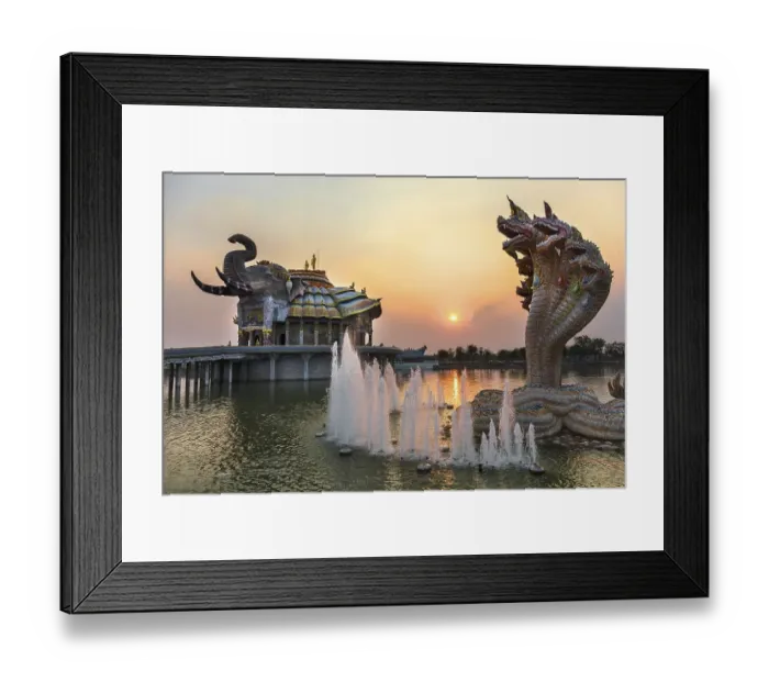 Framed Print : Seven-headed Naga serpent and fountain in front of the Elephant Temple Thep Wittayakhom Vihara Framed Print : Seven-headed Naga serpent and fountain in front of the Elephant Temple Thep Wittayakhom Vihara