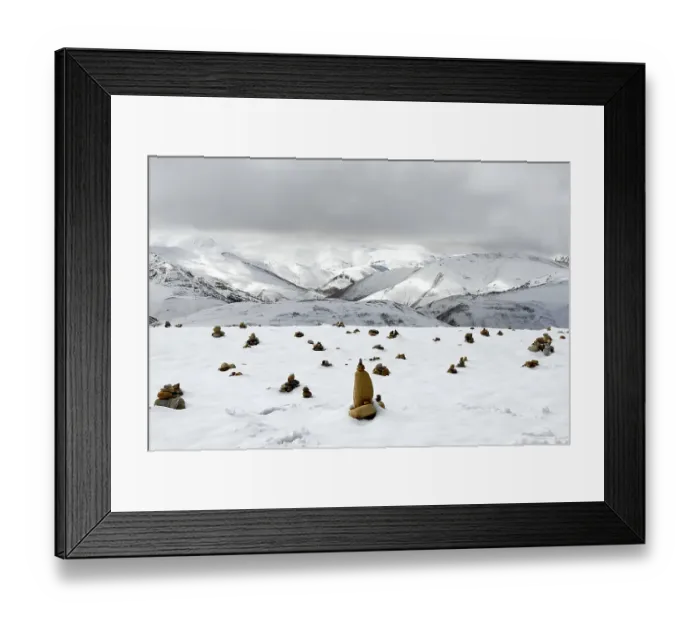 Framed Print : Landscape, cairns in the snow, mountains
