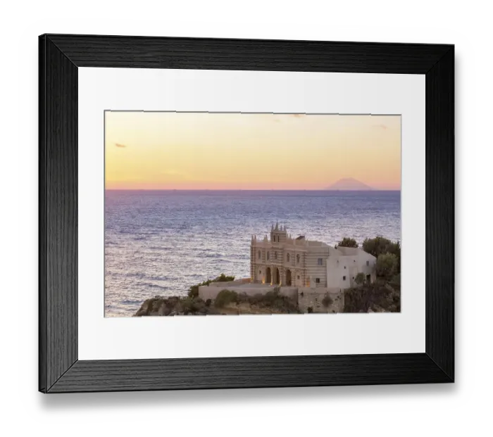 Framed Print : Church Chiesa Santa Maria dell'Isola behind the Stromboli volcano